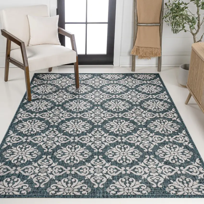Turquoise And Cream Floral Indoor Outdoor Area Rug Photo 7