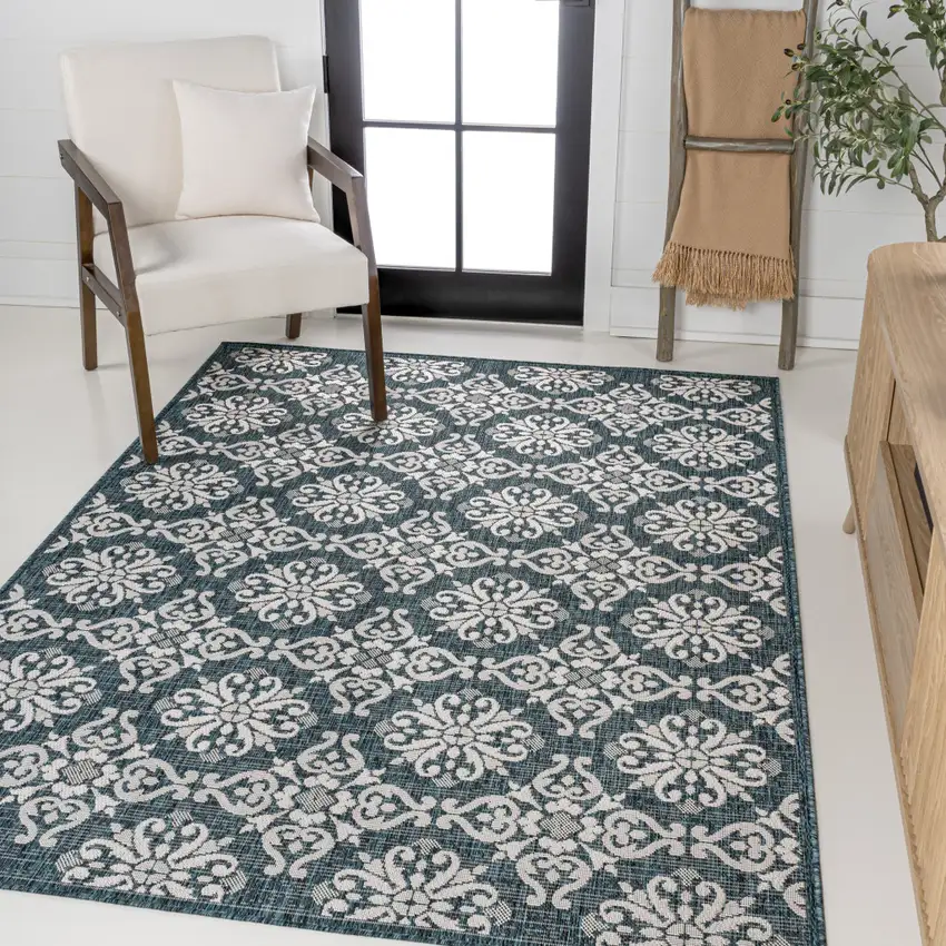 Turquoise And Cream Floral Indoor Outdoor Area Rug Photo 5