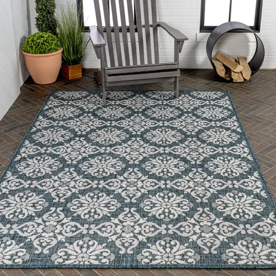 Turquoise And Cream Floral Indoor Outdoor Area Rug Photo 9