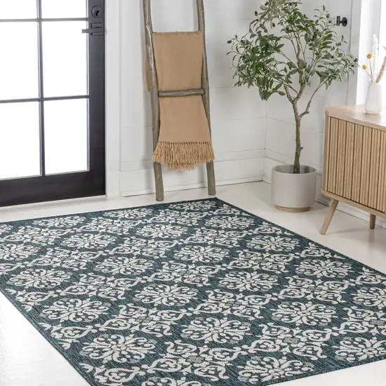 Turquoise And Cream Floral Indoor Outdoor Area Rug Photo 8
