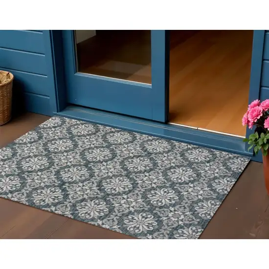 Turquoise And Cream Floral Indoor Outdoor Area Rug Photo 1