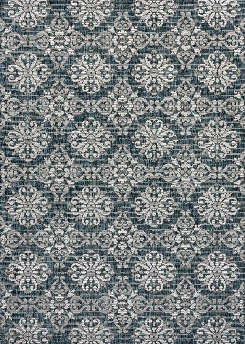 Turquoise And Cream Floral Indoor Outdoor Area Rug Photo 1