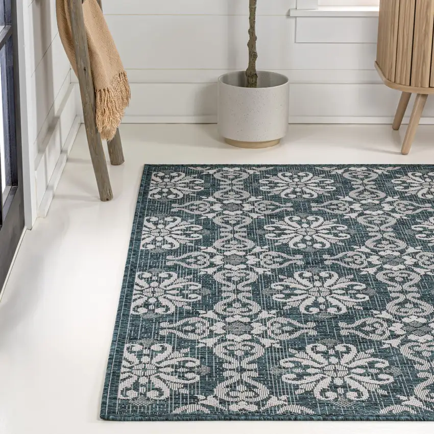 Turquoise And Cream Floral Indoor Outdoor Area Rug Photo 6