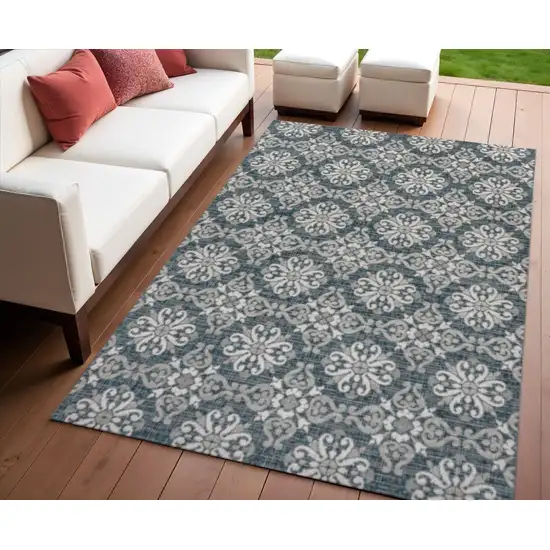 Turquoise And Cream Floral Indoor Outdoor Area Rug Photo 1