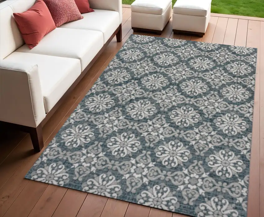 Turquoise And Cream Floral Indoor Outdoor Area Rug Photo 1
