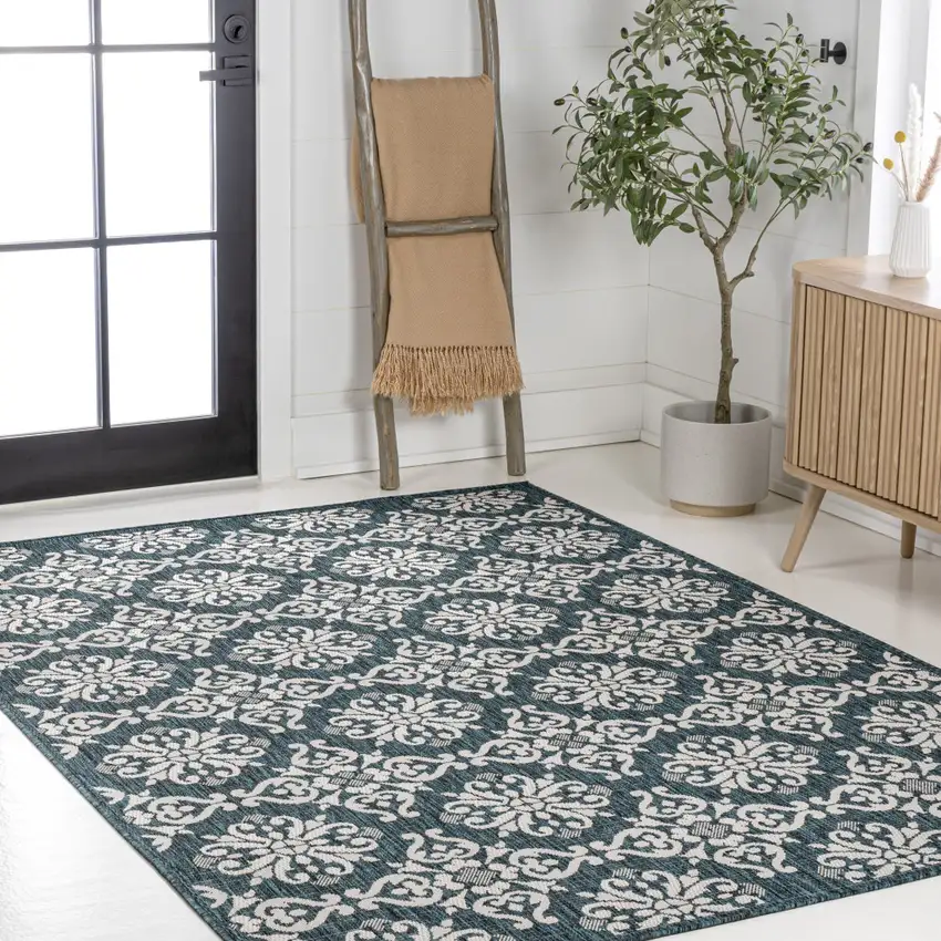 Turquoise And Cream Floral Indoor Outdoor Area Rug Photo 8