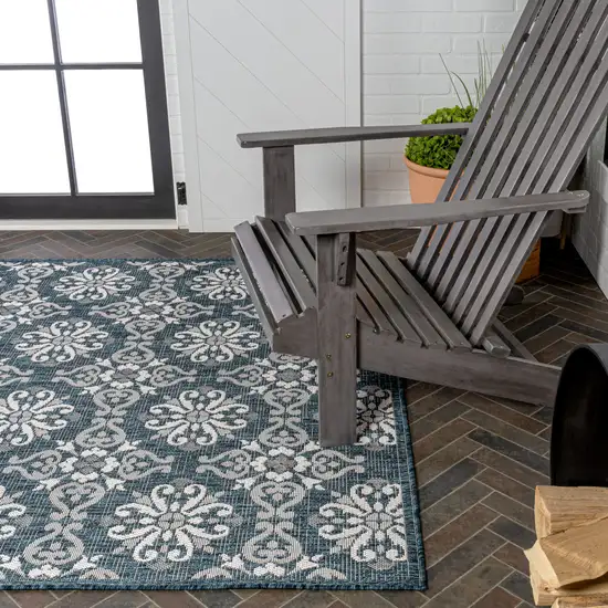 Turquoise And Cream Floral Indoor Outdoor Area Rug Photo 9