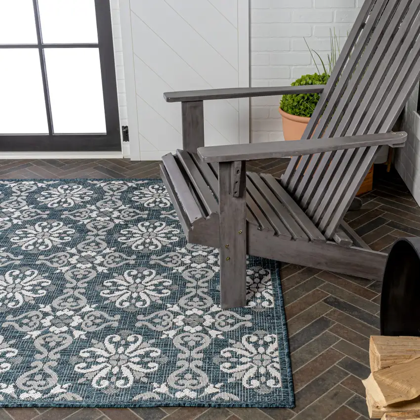 Turquoise And Cream Floral Indoor Outdoor Area Rug Photo 9