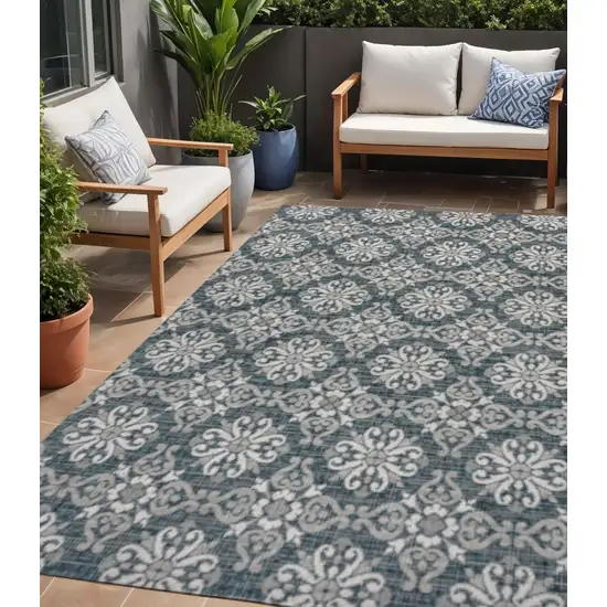Turquoise And Cream Floral Indoor Outdoor Area Rug Photo 1