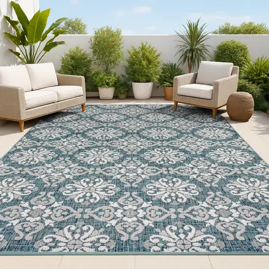Turquoise And Cream Floral Indoor Outdoor Area Rug Photo 4