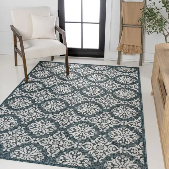 Turquoise And Cream Floral Indoor Outdoor Area Rug Photo 5