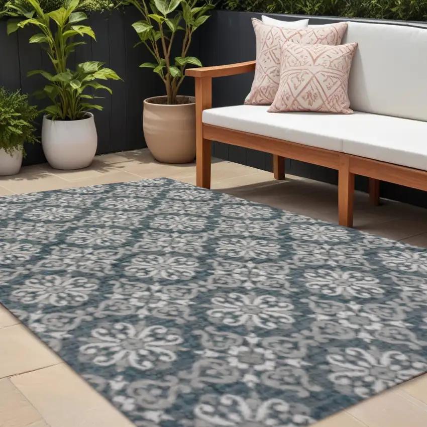 Turquoise And Cream Floral Indoor Outdoor Area Rug Photo 1