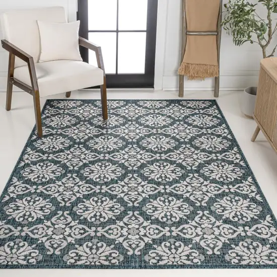 Turquoise And Cream Floral Indoor Outdoor Area Rug Photo 7
