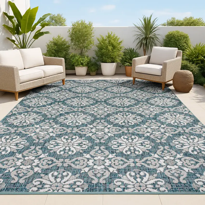 Turquoise And Cream Floral Indoor Outdoor Area Rug Photo 4