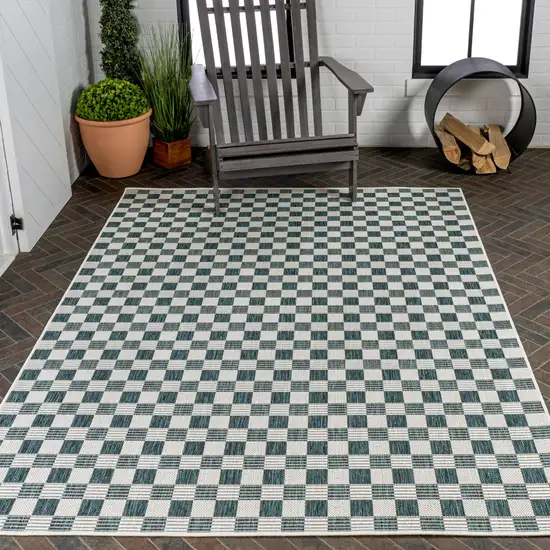 Turquoise And Cream Geometric Indoor Outdoor Area Rug Photo 9