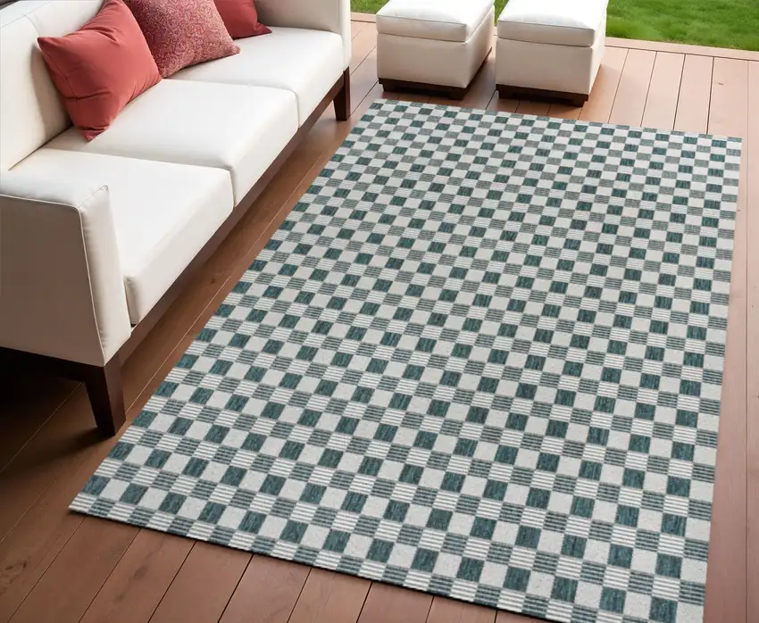 Turquoise And Cream Geometric Indoor Outdoor Area Rug Photo 1