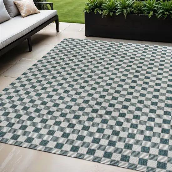 Turquoise And Cream Geometric Indoor Outdoor Area Rug Photo 1