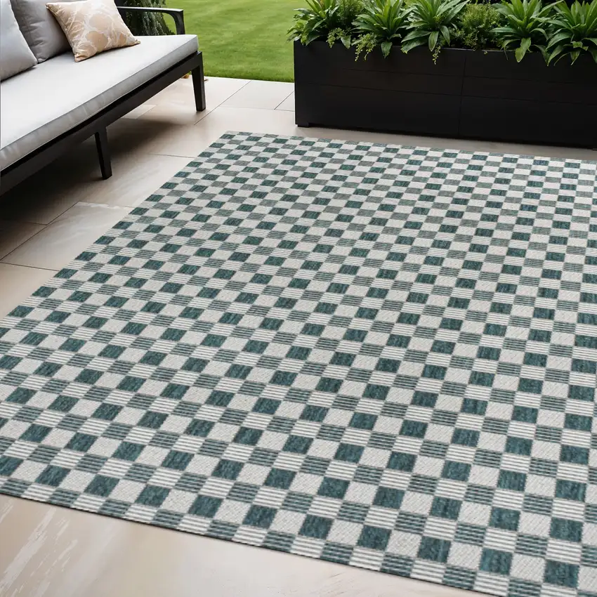 Turquoise And Cream Geometric Indoor Outdoor Area Rug Photo 1