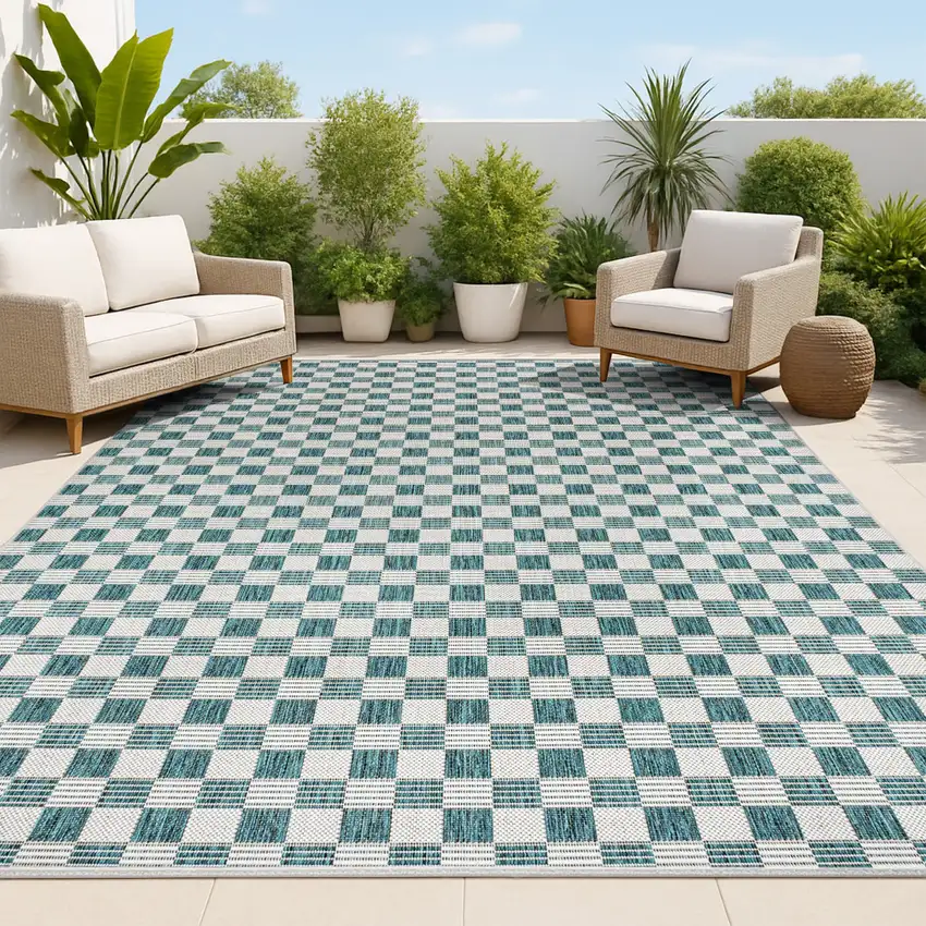 Turquoise And Cream Geometric Indoor Outdoor Area Rug Photo 4