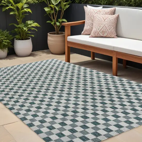 Turquoise And Cream Geometric Indoor Outdoor Area Rug Photo 1