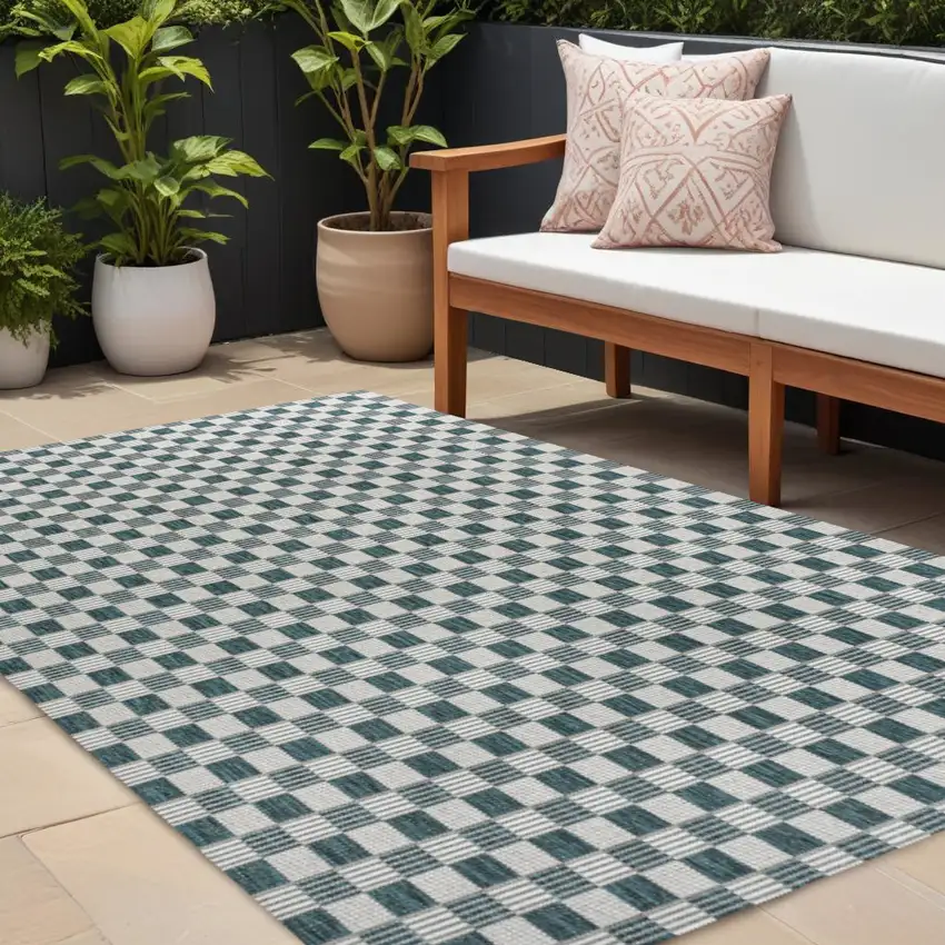 Turquoise And Cream Geometric Indoor Outdoor Area Rug Photo 1