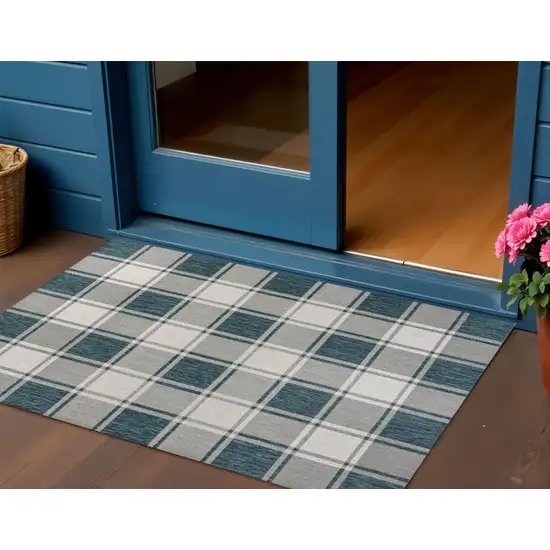 Turquoise And Cream Gingham Indoor Outdoor Area Rug Photo 2