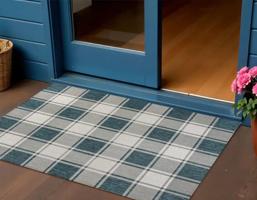 Turquoise And Cream Gingham Indoor Outdoor Area Rug Photo 2