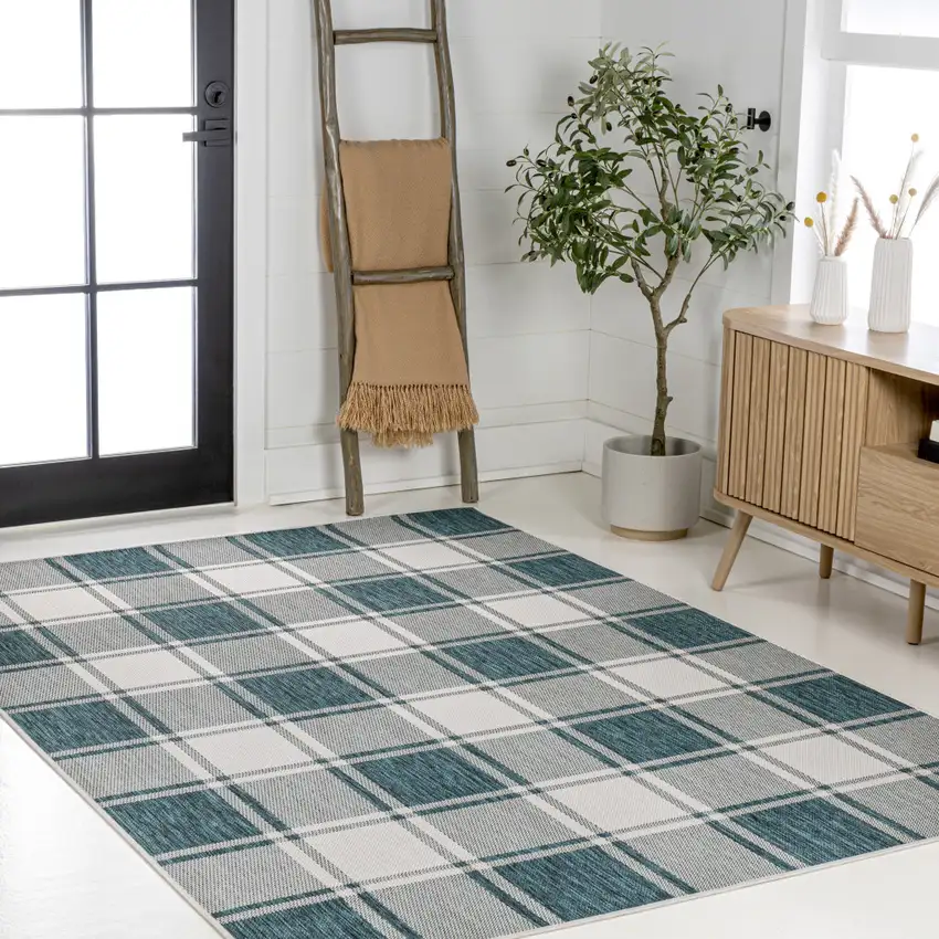 Turquoise And Cream Gingham Indoor Outdoor Area Rug Photo 7