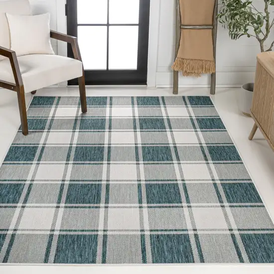 Turquoise And Cream Gingham Indoor Outdoor Area Rug Photo 7