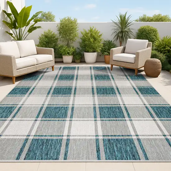 Turquoise And Cream Gingham Indoor Outdoor Area Rug Photo 4