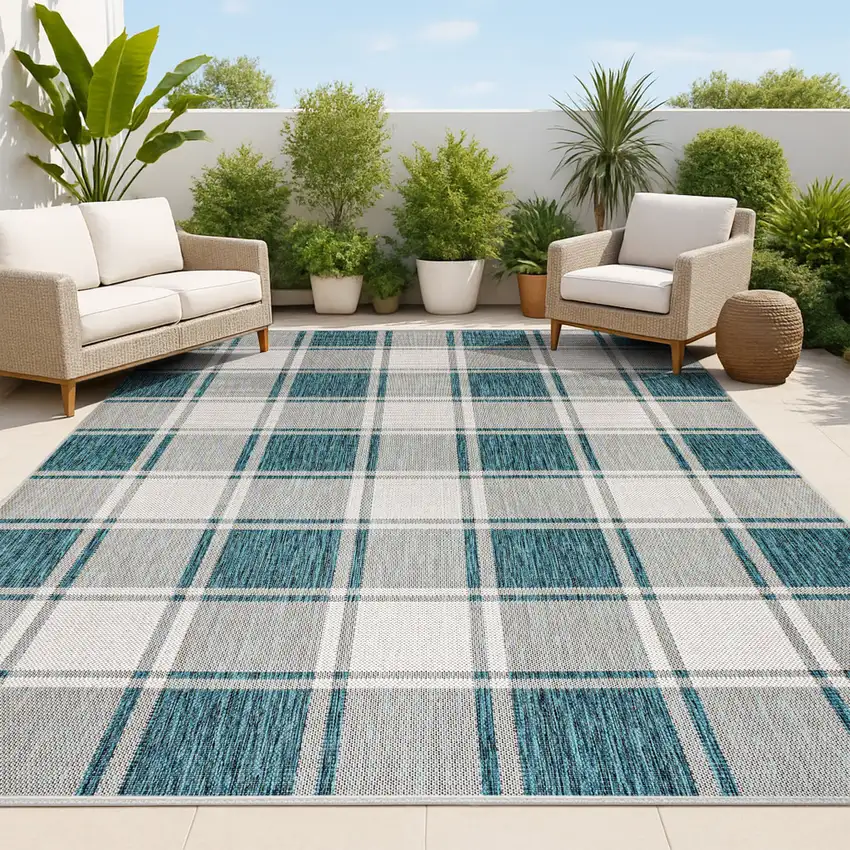 Turquoise And Cream Gingham Indoor Outdoor Area Rug Photo 4