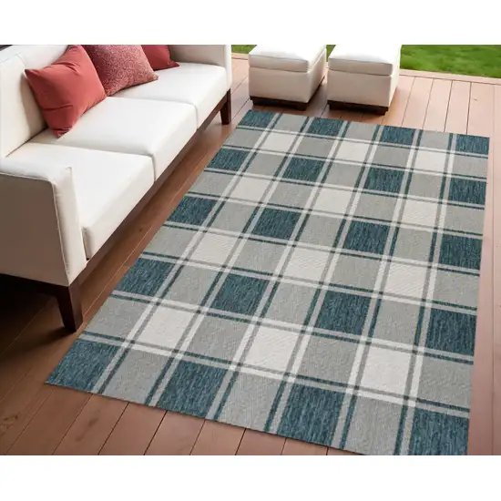 Turquoise And Cream Gingham Indoor Outdoor Area Rug Photo 1