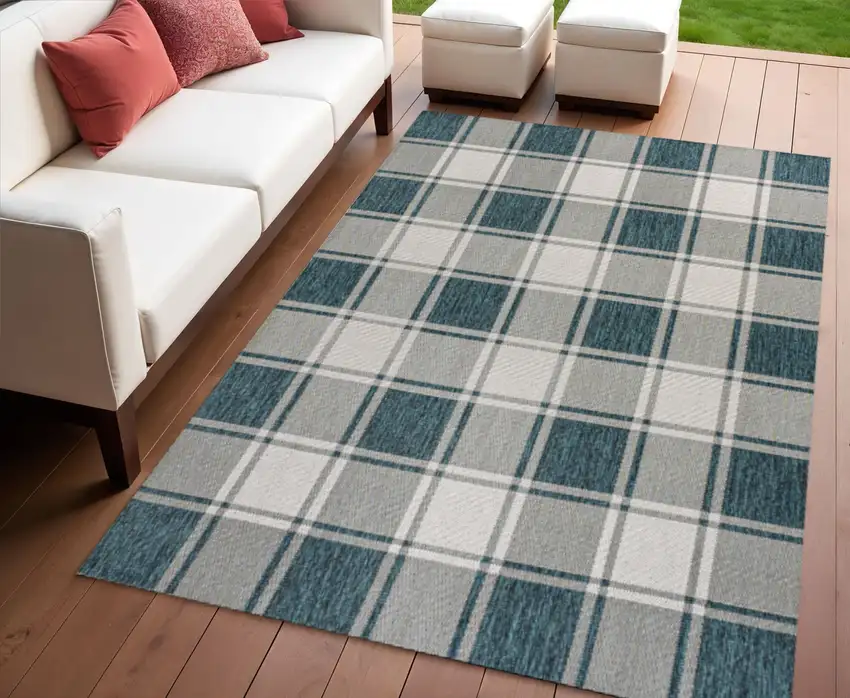 Turquoise And Cream Gingham Indoor Outdoor Area Rug Photo 1
