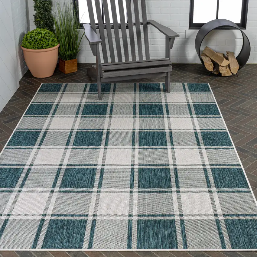 Turquoise And Cream Gingham Indoor Outdoor Area Rug Photo 9