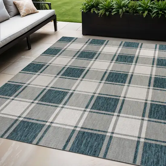 Turquoise And Cream Gingham Indoor Outdoor Area Rug Photo 1