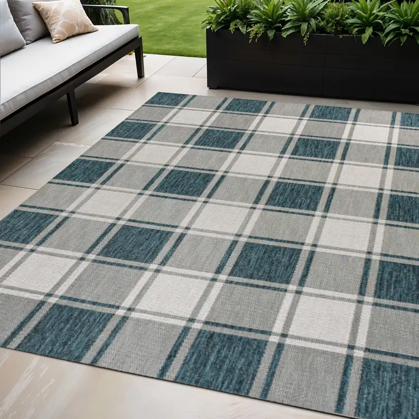 Turquoise And Cream Gingham Indoor Outdoor Area Rug Photo 1