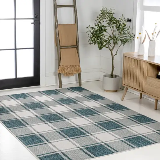 Turquoise And Cream Gingham Indoor Outdoor Area Rug Photo 7