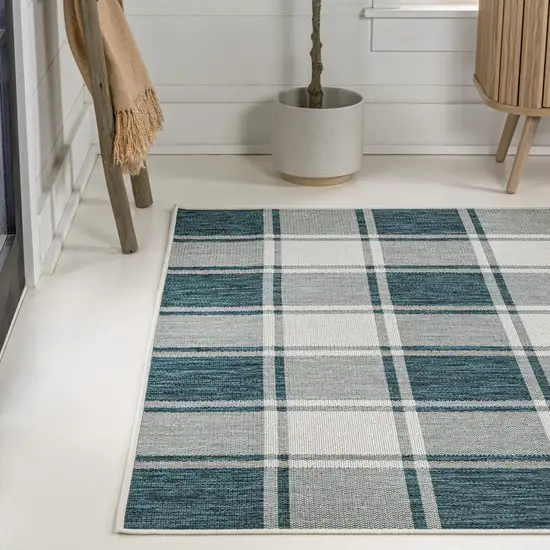 Turquoise And Cream Gingham Indoor Outdoor Area Rug Photo 5
