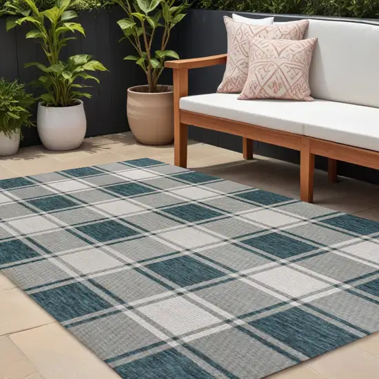 Turquoise And Cream Gingham Indoor Outdoor Area Rug Photo 1