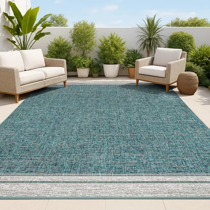 Turquoise And Cream Indoor Outdoor Area Rug Photo 4