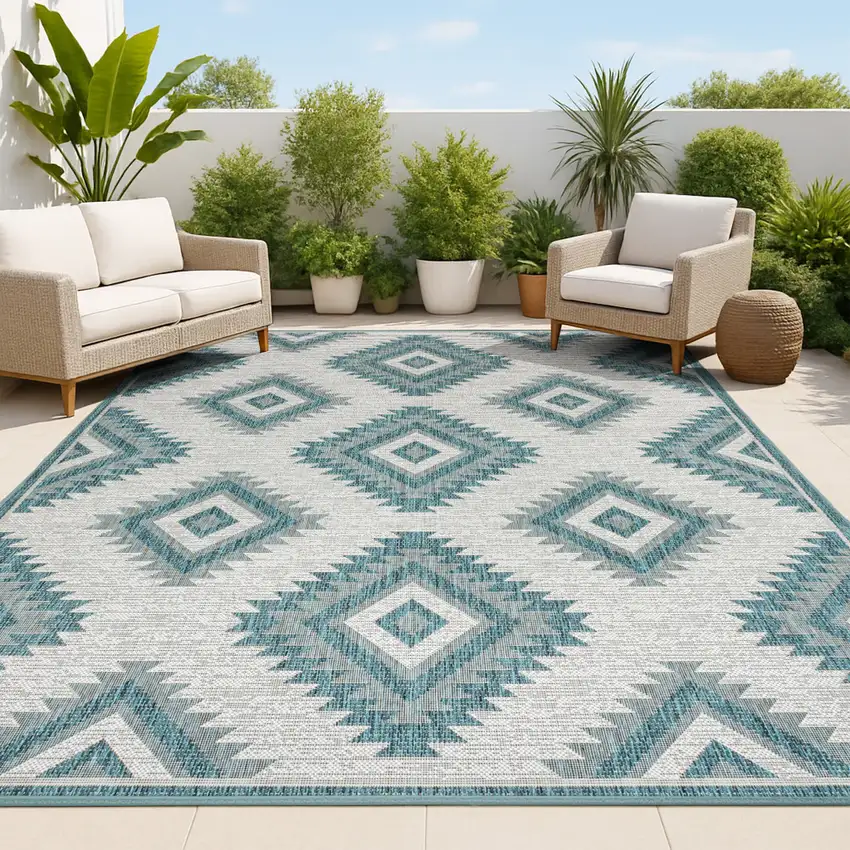 Turquoise And Cream Moroccan Indoor Outdoor Area Rug Photo 4