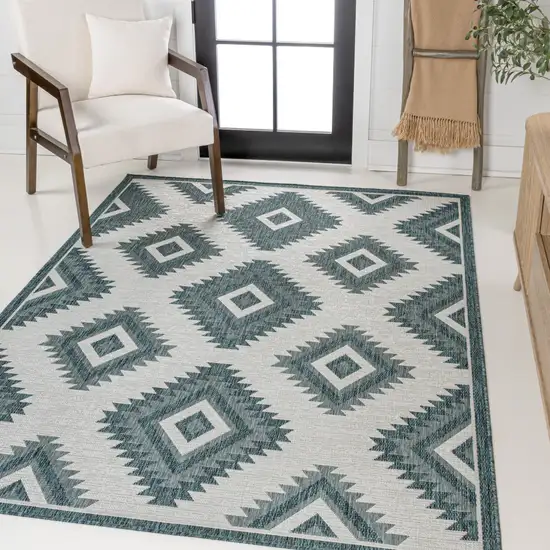 Turquoise And Cream Moroccan Indoor Outdoor Area Rug Photo 5