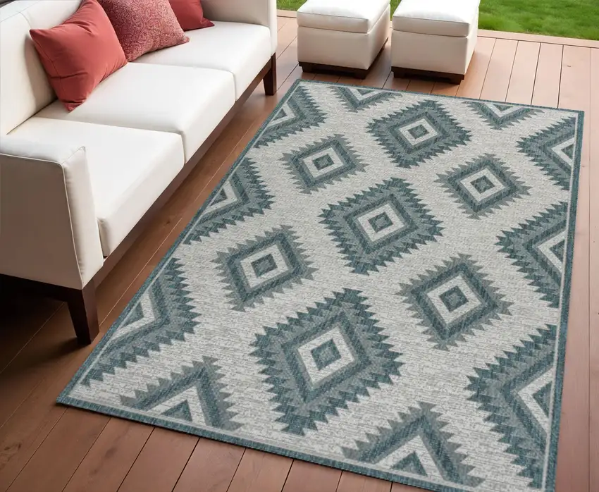 Turquoise And Cream Moroccan Indoor Outdoor Area Rug Photo 1