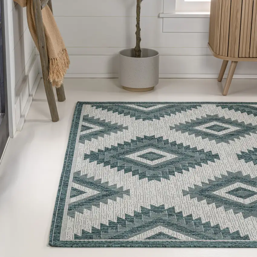 Turquoise And Cream Moroccan Indoor Outdoor Area Rug Photo 6