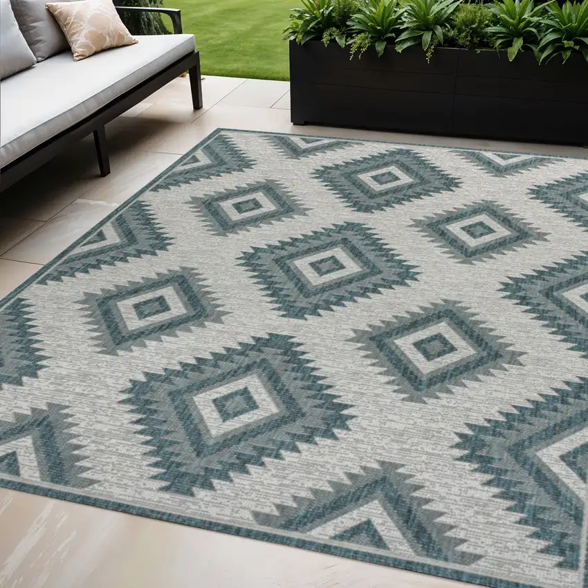 Turquoise And Cream Moroccan Indoor Outdoor Area Rug Photo 1