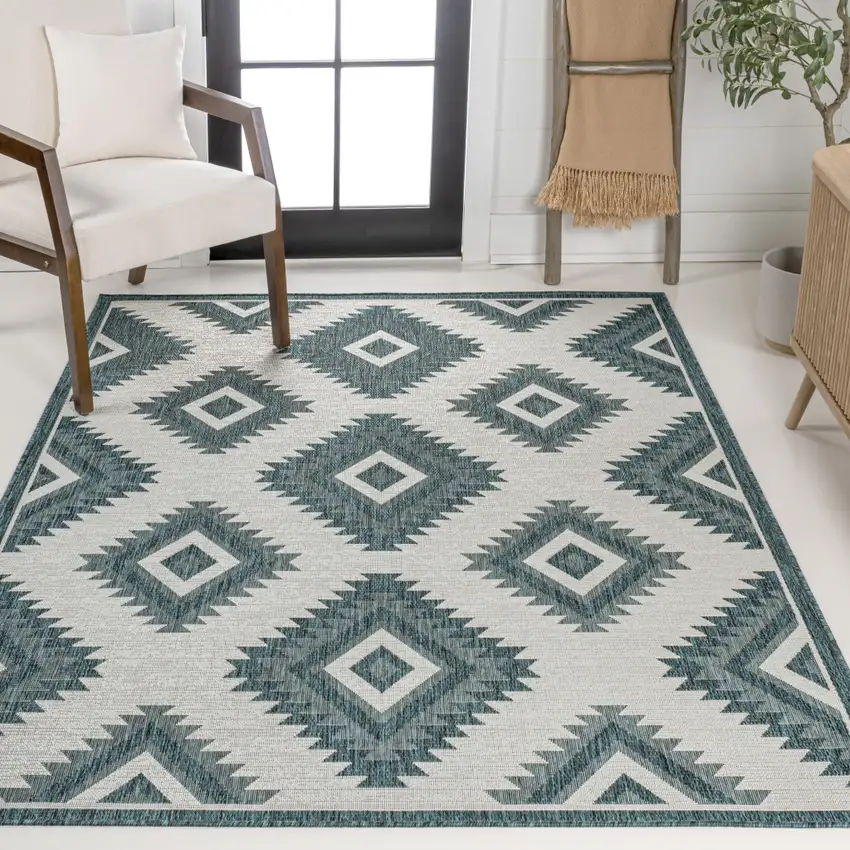 Turquoise And Cream Moroccan Indoor Outdoor Area Rug Photo 7