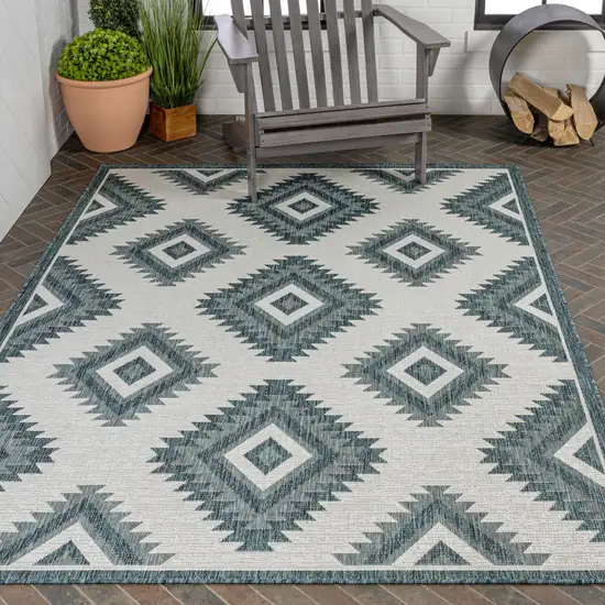 Turquoise And Cream Moroccan Indoor Outdoor Area Rug Photo 9