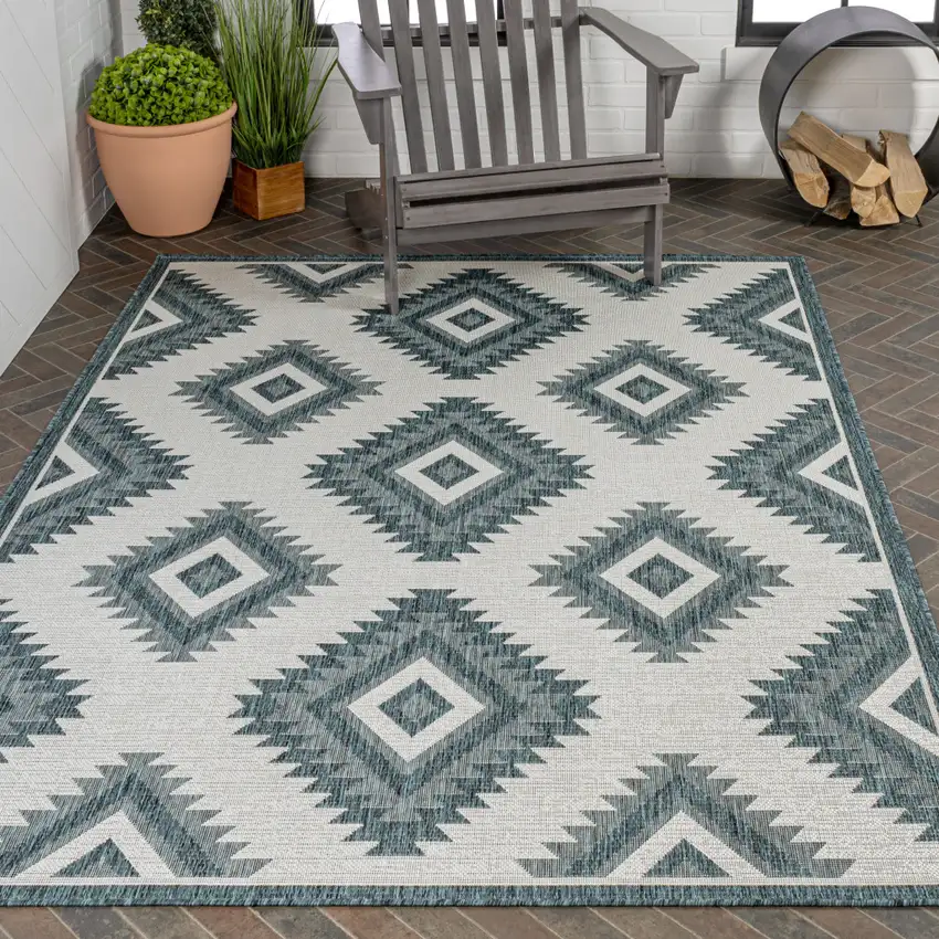 Turquoise And Cream Moroccan Indoor Outdoor Area Rug Photo 9