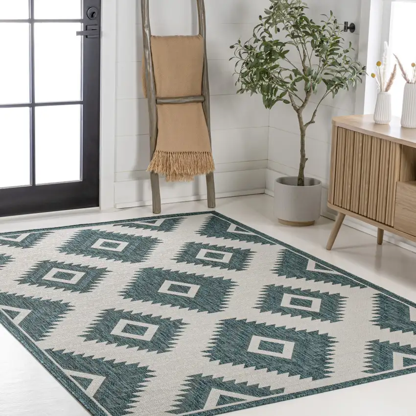 Turquoise And Cream Moroccan Indoor Outdoor Area Rug Photo 8