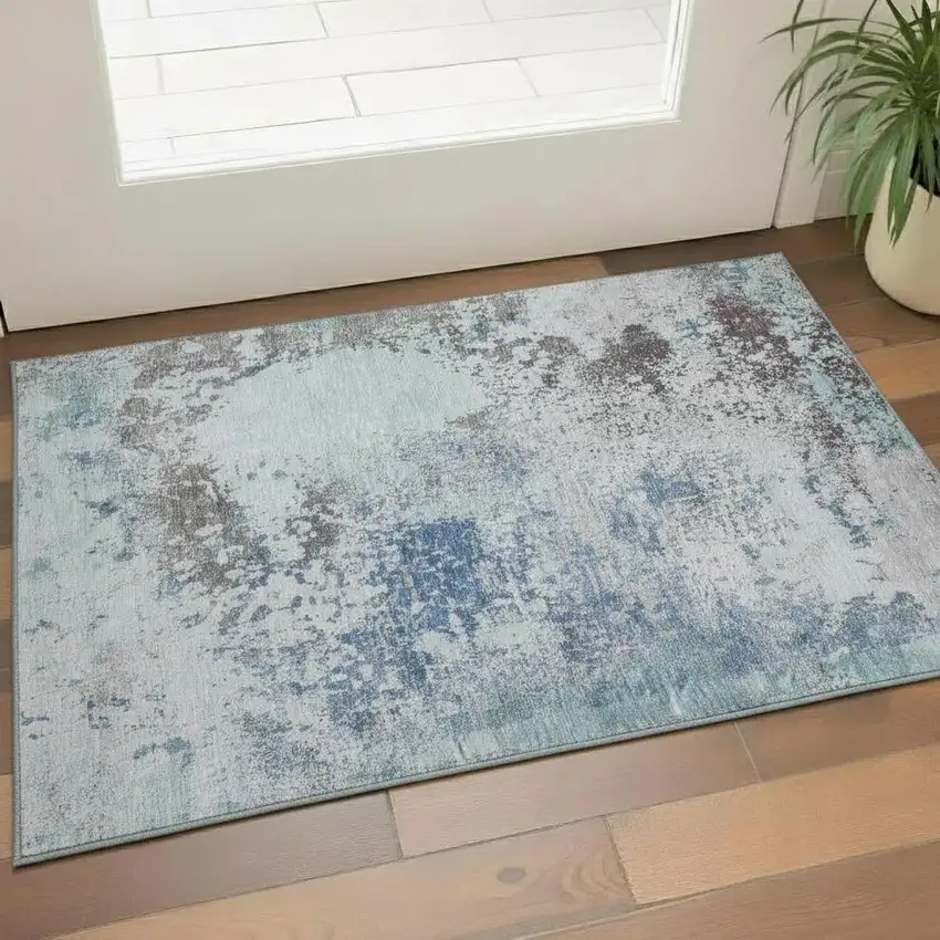 Turquoise And Gray Abstract Washable Area Rug With UV Protection Photo 2